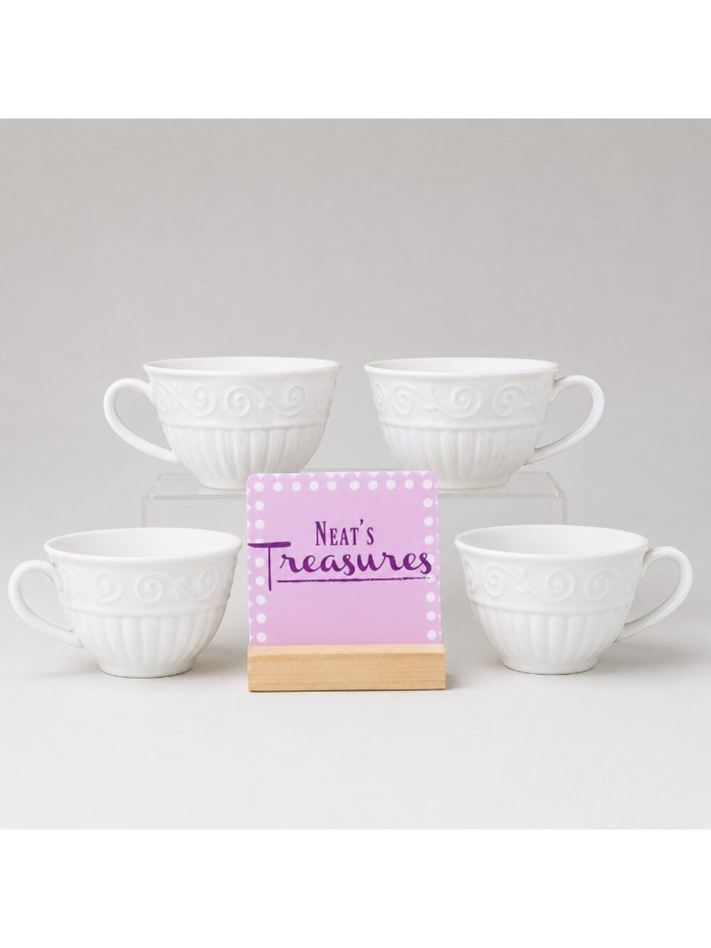 Gibson CLAREMONT Embossed Columns Ribs Scrolls White Stoneware Cups Mugs Set 4